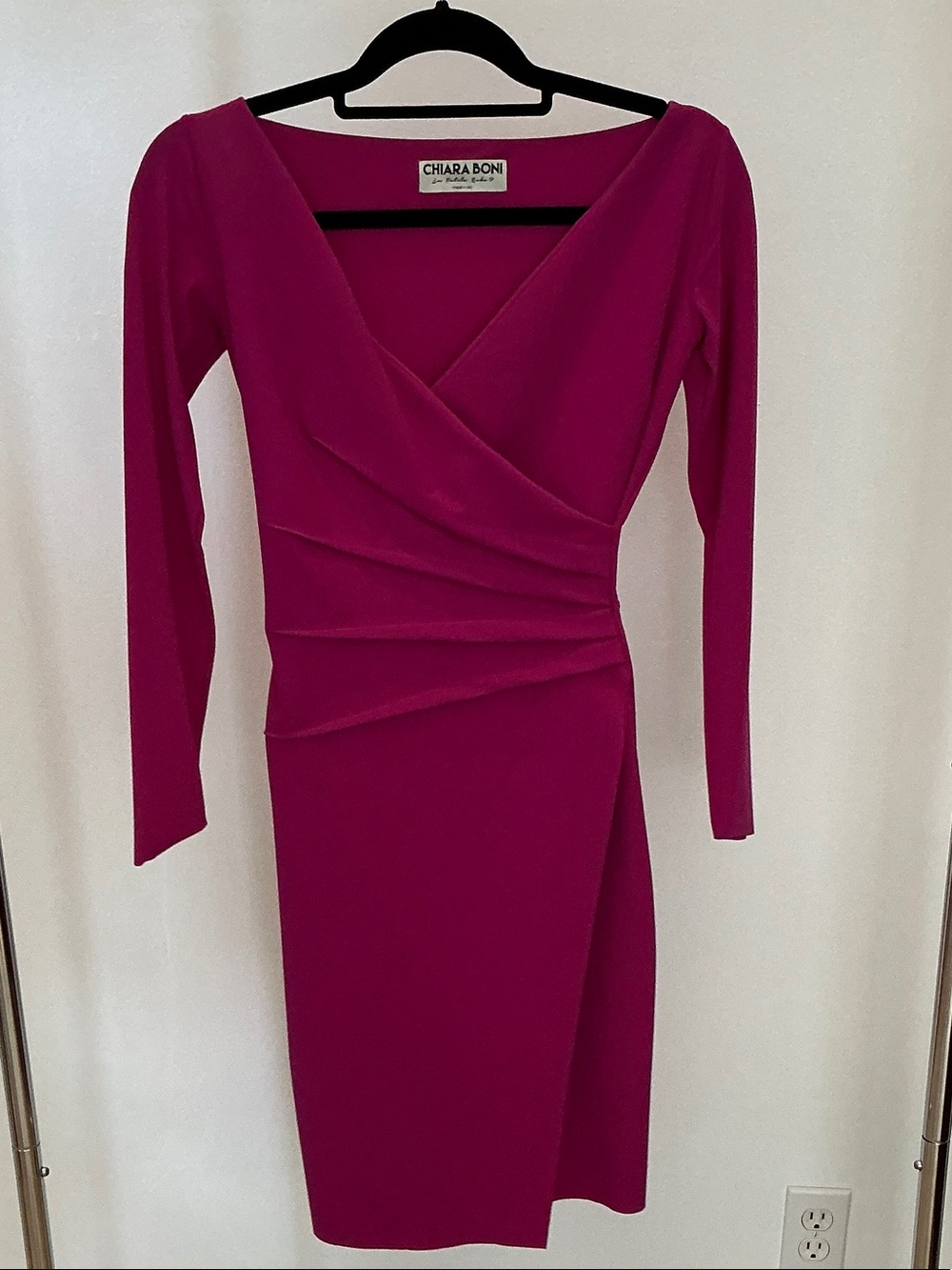 Chiara Boni Fuchsia Long-Sleeve Faux-Wrap Sheath Dress